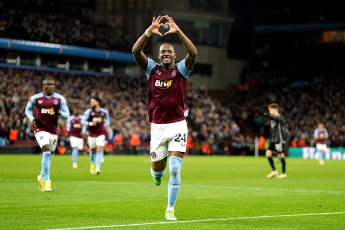 Jhon Duran pictured celebrating after scoring a goal for Aston Villa in a 4-0 win over Ajax in the UEFA Europa Conference League in March 2024